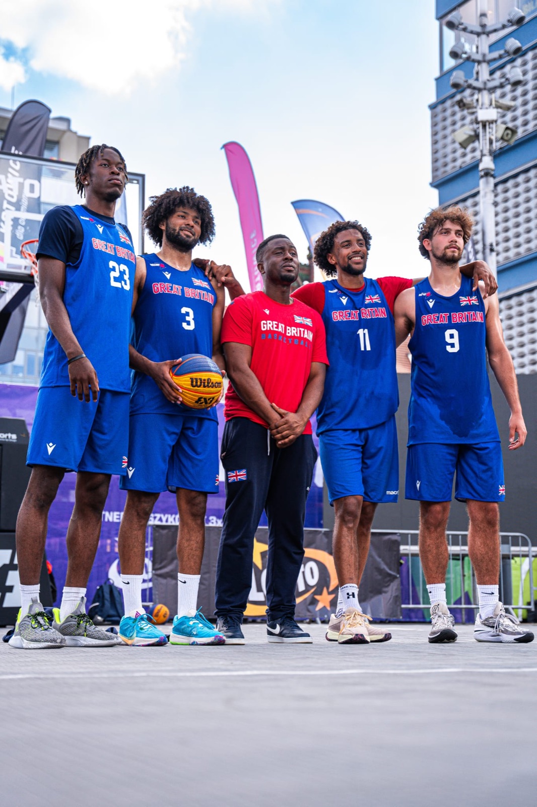 Great Britain 3x3 players lined up with Afiz at an outdoor tournament